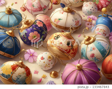 独楽や羽子板など、伝統的なお正月のおもちゃのシームレスパターン 独楽や羽子板など、伝統的なお正月のおもちゃのシームレスパターン 133467843