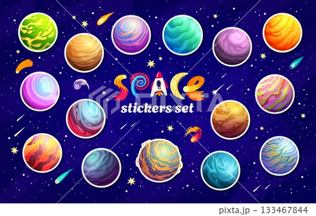 Alien space planets stickers pack. Fantasy galaxy badges. Cartoon vector patches of vibrant cosmic spheres against a starry sky background. Surreal celestial bodies with colorful surface in Universe Alien space planets stickers pack. Fantasy galaxy badges. Cartoon vector patches of vibrant cosmic spheres against a starry sky background. Surreal celestial bodies with colorful surface in Universe 133467844