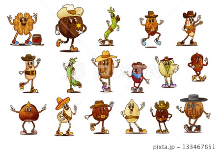 Cartoon groovy nut and bean cowboy or bandit characters in Wild West hats. Retro psychedelic hippy food vector personages of groovy Western peanut, almond, hazelnut and walnut cowboys, coconut sheriff Cartoon groovy nut and bean cowboy or bandit characters in Wild West hats. Retro psychedelic hippy food vector personages of groovy Western peanut, almond, hazelnut and walnut cowboys, coconut sheriff 133467851