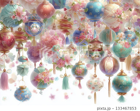 独楽や羽子板など、伝統的なお正月のおもちゃのシームレスパターン 独楽や羽子板など、伝統的なお正月のおもちゃのシームレスパターン 133467853