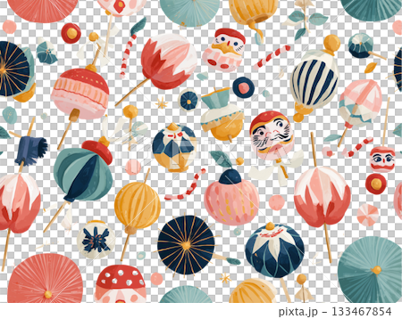 傳統新年玩具（如陀螺和打仗玩具）的無縫圖案 133467854