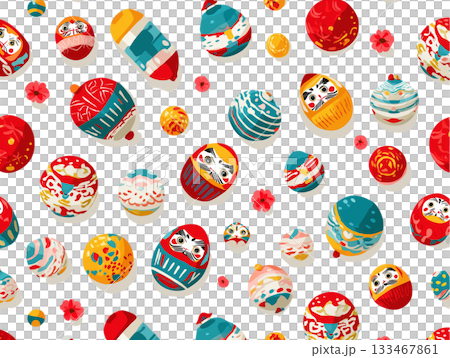 独楽や羽子板など、伝統的なお正月のおもちゃのシームレスパターン 133467861