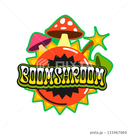 Mushroom bomb and grenade vintage Y2K sticker or patch. Explosive isolated Y2K vector sticker, dynamite retro groovy patch. TNT bomb tag with mushrooms and burning wick and funky typography 133467869
