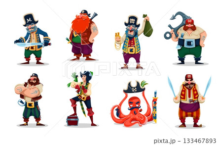 Cartoon pirate and corsair characters with funny octopus in captain black hat. Caribbean Sea pirate crew vector personages, angry sailor, boatswain, skipper and captain corsair characters with parrot 133467893