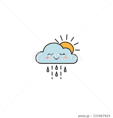 Whimsical weather illustration depicting happy rain cloud with sun peekaboo perfect for children's 133467924