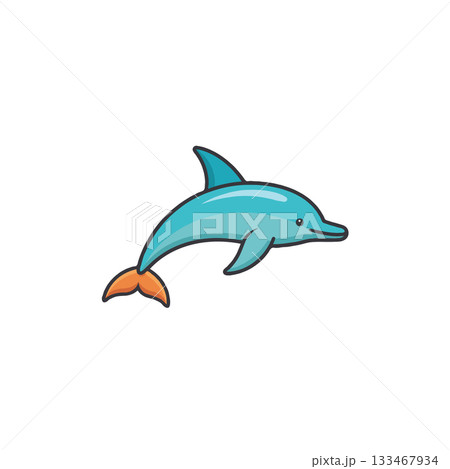 Playful aquatic mammal, cartoon dolphin illustration against white backdrop, cute underwater 133467934
