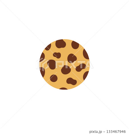 Isolated circular cookie illustration featuring evenly spaced dark brown chocolate chips against a Isolated circular cookie illustration featuring evenly spaced dark brown chocolate chips against a 133467946