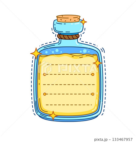 Pirate rum bottle kids memo note template. Glass container scrapbook sticker, kids to do list isolated vector frame. Child diary label or children schedule memo note with corked glass flask or vial Pirate rum bottle kids memo note template. Glass container scrapbook sticker, kids to do list isolated vector frame. Child diary label or children schedule memo note with corked glass flask or vial 133467957