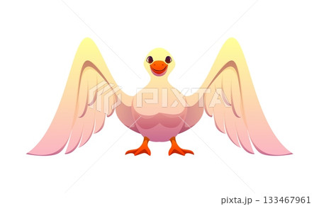 Cartoon letter M as bird character with open wings, orange beak and cheerful expression. Vector agriculture typeface, farm font, harvest type, funny English alphabet as friendly and cute animal 133467961