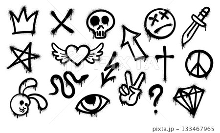 Grunge street art graffiti spray, ink paint vector icons set. Black urban culture elements. Snake, skull, crown and rabbit head, lightning bolt, question mark and winged heart. Eye, star and cross Grunge street art graffiti spray, ink paint vector icons set. Black urban culture elements. Snake, skull, crown and rabbit head, lightning bolt, question mark and winged heart. Eye, star and cross 133467965