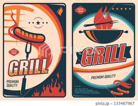 Retro grill bbq poster. Barbeque picnic invite with grilled sausage on a metal fork above red fire flames, burning coals, fire sparks, stars. Vector barbecue banner for food festival, restaurant menu 133467967