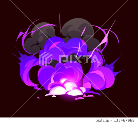 Cartoon purple bomb explosion, magic smoke, fire cloud effect. Fantasy glowing light and dark rising smog. Vector blast or burst with sparks, dust and magical energy power. Vfx comic boom attack 133467969