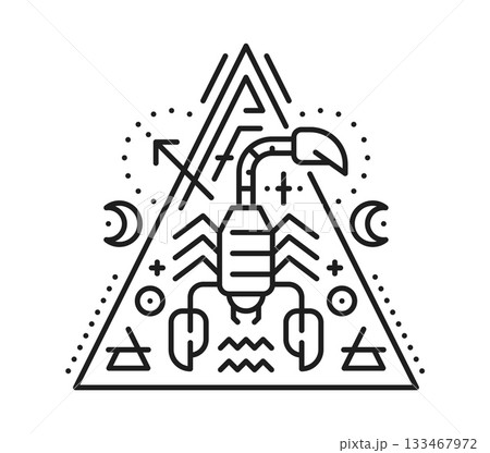 Egyptian scorpion esoteric line tattoo or sign. Egypt culture boho outline vector tattoo, egyptian mythology esoteric linear print. Africa history tarot sign or mystic symbol with venomous scorpion 133467972
