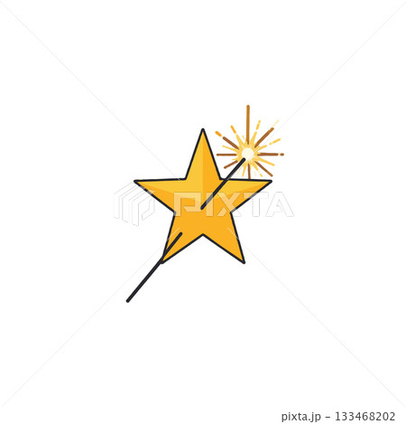 Gleaming yellow star accented by a minimalist magic wand emitting sparks creating a sense wonder Gleaming yellow star accented by a minimalist magic wand emitting sparks creating a sense wonder 133468202
