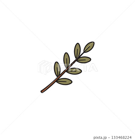 Stylized botanical illustration showcasing a simple branch with symmetrical leaves rendered in a 133468224
