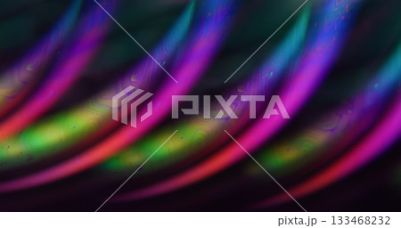 Defocused colorful fluid. Gasoline texture. Blue yellow purple bubble ink chemical dark black liquid spilling on abstract neon art acrylic background. 133468232