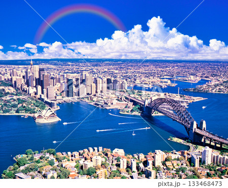 美しいシドニー湾空撮と虹合成 133468473