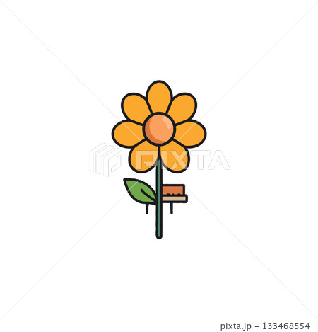 Cheerful blossom emblem icon displaying stylized floral design with warm colors and playful 133468554