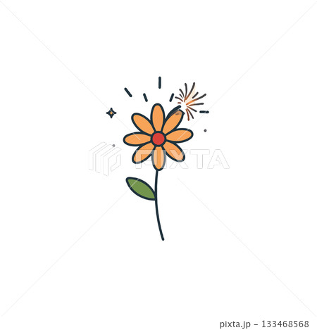 Delicate botanical illustration showcasing an orange flower with whimsical sparkle elements and a 133468568