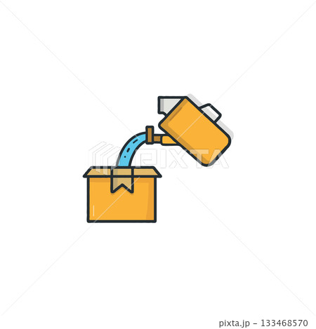 Creative depiction of fluid transfer from a container into cardboard box with blue arc Creative depiction of fluid transfer from a container into cardboard box with blue arc 133468570