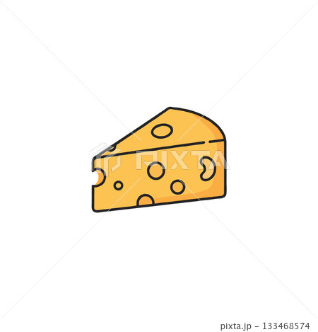 A delightful cheese wedge with charming cartoonish aesthetic is portrayed against a clean white 133468574