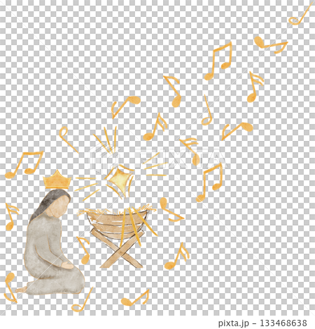 Christmas scene with soft divine light, gold accents and a graceful kneeling figure. Refined watercolor perfect for luxury cards, elegant winter stationery, faith collections, premium holiday designs 133468638