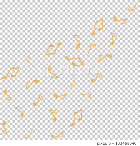 Music notes in warm golden tones, painted with soft texture in diagonal flow upward. Watercolor clip art with a festive, joyful atmosphere, perfect for Christmas projects, invitations, crafts, decor 133468640