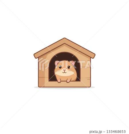 Adorable hamster snugly nestled inside a cozy wooden house, creating a heartwarming and peaceful 133468653
