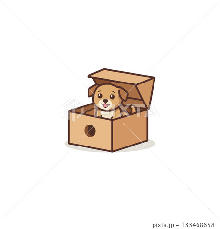 Adorable cartoon puppy in cardboard box offers heartwarming charm for children's illustrations and 133468658