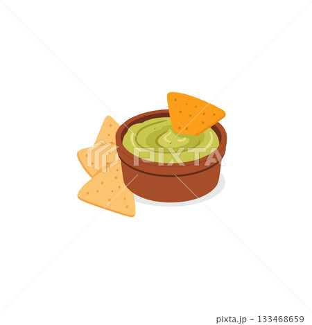 Delightful depiction of creamy guacamole in a brown bowl served with crunchy tortilla chips for Delightful depiction of creamy guacamole in a brown bowl served with crunchy tortilla chips for 133468659