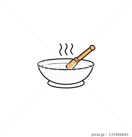 Simple bowl illustration with stirring implement evoking warmth and potential for culinary Simple bowl illustration with stirring implement evoking warmth and potential for culinary 133468681