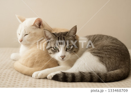 寄り添ってくつろぐ2匹の猫 寄り添ってくつろぐ2匹の猫 133468709