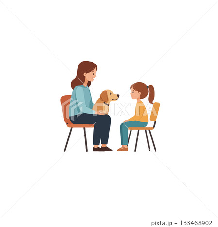 A heartwarming scene: Woman sitting with dog, looking at a young girl during therapy session A heartwarming scene: Woman sitting with dog, looking at a young girl during therapy session 133468902
