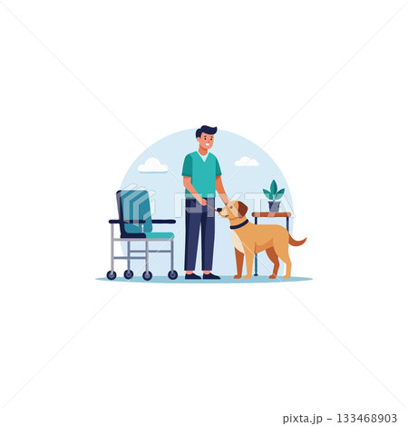 A caregiver's companionship dog providing emotional support next to wheelchair and pot plant A caregiver's companionship dog providing emotional support next to wheelchair and pot plant 133468903