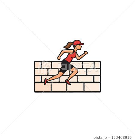 Focused female athlete running over brick wall depicting obstacle course success challenge 133468919