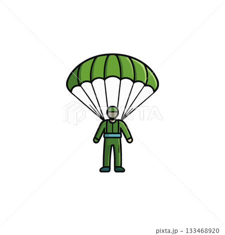 Depiction of a paratrooper descending, gracefully gliding through the open sky with a parachute 133468920