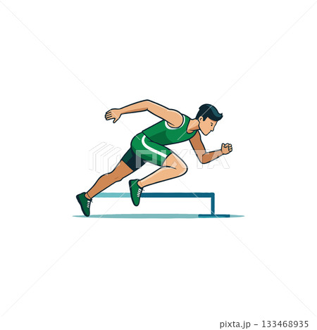 Athletic runner training in green sportswear jumping over hurdle during a speed workout Athletic runner training in green sportswear jumping over hurdle during a speed workout 133468935