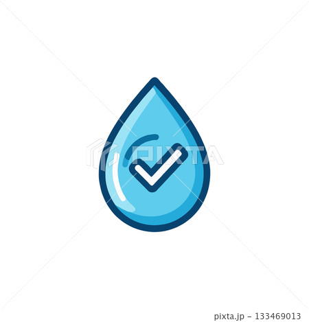 Quality water drop signifies purity assurance with a checkmark logo on a clean background Quality water drop signifies purity assurance with a checkmark logo on a clean background 133469013