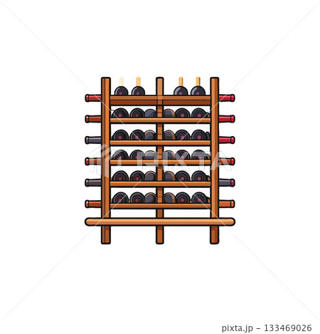 Organized wine bottles stored elegantly on a multi tiered wooden rack for aging and showcasing 133469026