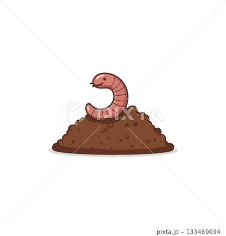 Cartoon worm emerging from a mound of soil creating a whimsical illustration for children's books 133469034