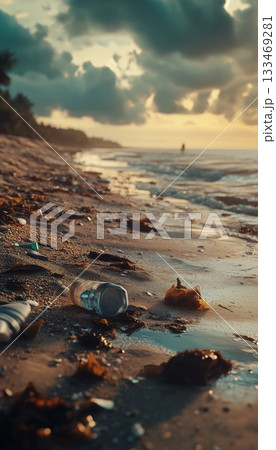 Trash waste plastic in dirty beach pollution area, marine environment problem Trash waste plastic in dirty beach pollution area, marine environment problem 133469281