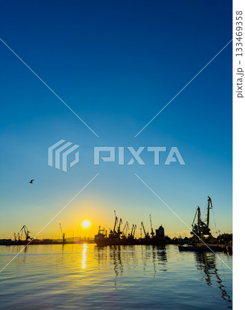 Golden sunset over a bustling harbor with cranes silhouetted against the clear blue sky and reflections on calm water 133469358