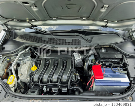 Engine compartment showcases intricate details of modern automotive design and mechanics in a well-maintained vehicle 133469851
