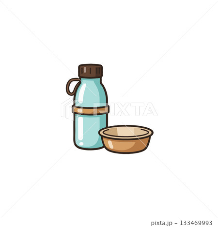 Minimalist illustration showcasing a reusable water bottle and a small simple bowl on a plain Minimalist illustration showcasing a reusable water bottle and a small simple bowl on a plain 133469993
