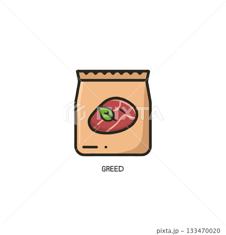 A conceptual illustration showcasing avarice through the symbol of meat in package representing 133470020