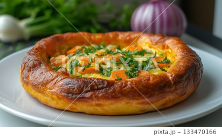 Carrot bread with spring onion slice and toad 133470166