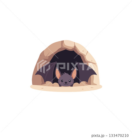 A whimsical cartoon bat emerges from a cozy stone cave at nighttime offering gentle cheerfulness 133470210