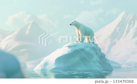 Polar bear on melting ice surrounded by water 133470308