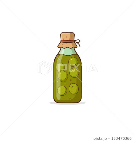 Artistic illustration of preserved green olives in a stylized glass jar with cork closure for 133470366