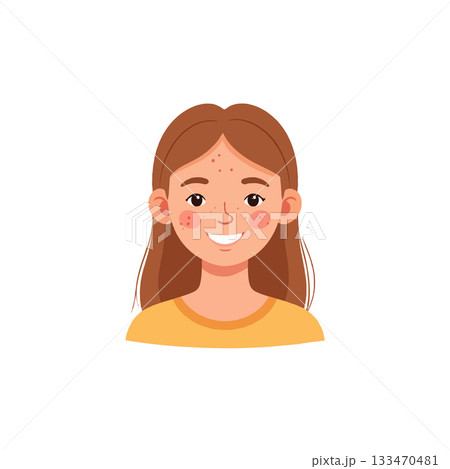 Illustration depicting a young woman's portrait featuring distinctive features in vibrant color Illustration depicting a young woman's portrait featuring distinctive features in vibrant color 133470481